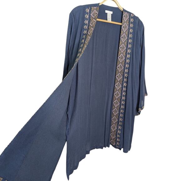 J. Jill Kimono One Size Open Front Gauze Cardigan Boho Geometric Embroidered Tri - Picture 8 of 12